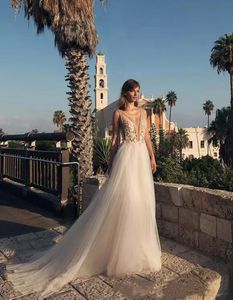 beach wedding dress sexy strap Modern Boho See Through Deep V Neck Tulle A Line Wedding Dresses Lace Beads Country Bridal Gown