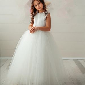 NEW Perspective Back Flower Girl Dresses Kids Organza Sleeves Princess Dresses Back Pearls Beading Communion Dress
