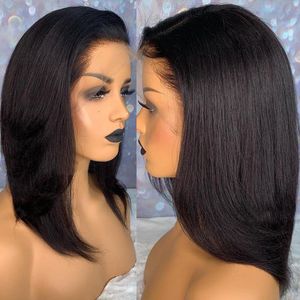 siyah 360 dantel peruk toptan satış-Künt Kesim Işık Yaki Düz Kısa Dantel Ön İnsan Saç Peruk Siyah Kadınlar Için Kinky Düz Dantel Frontal Peruk