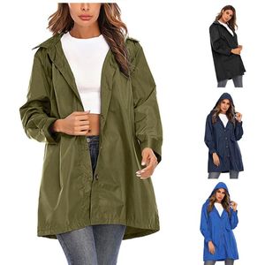 Kvinnors Jackor Mode Höstrock Hooded Vattentät Zipper Midlängd Kvinnor Vindskyddad Lös Solid Casual Raincoat Jacket