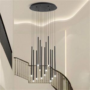 merdiven boşluğu kolye aydınlatma toptan satış-Modern Merdiven Avize Işıkları Nordic Villa Oturma Odası Sarkık Lambaları Dönen Merdiven Kiliti Altın Siyah LED Avize Aydınlatma
