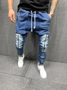 2021 Män Big Pocket Skinny Jeans Zipper Slim Högkvalitativ Jean Casual Sport Corset Penna Byxor M XL