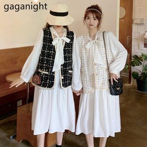 Dames trainingspakken gaganight elegante vrouwen twee stukken set boog kraag effen lange mouw maxi jurk meisjes Koreaanse vest lady pak mode set1