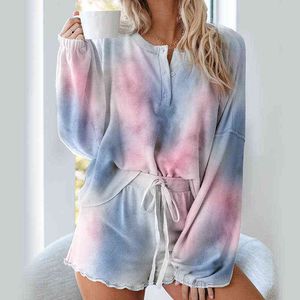 Wholesale tie dye girl for sale - Group buy Tie dye Ruffle Pajamas Set Women Summer Comfortable Casual Girl Long Sleeve Top And Shorts O Neck Ladies Home Piece Set Female G1227