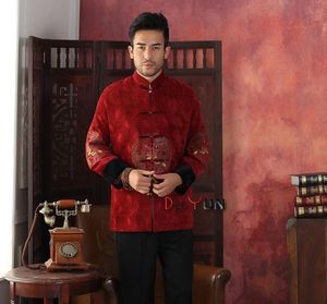 китайский жакет xl оптовых-Мужские куртки Высококачественные красные китайские традиции среднего возраста куртка с длинным рукавом вышивник дракона пальто Tang Suit S M L XL XXL XXXL