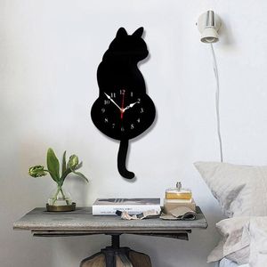 настенные часы для кошек оптовых-Настенные часы белые черные виляющие хвост CAT дизайн часы Детская спальня украшения уникальный подарок творческий мультфильм немой часы1