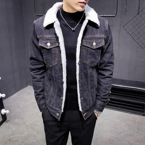 siyah yün ceketler toptan satış-Erkek Ceketler Erkekler Kış Denim Açık Mavi Jean Erkek Kalın Sıcak Mont Büyük Boy Yün Liner Siyah XL