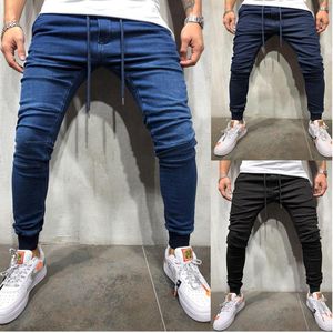 тощие джинсы гарема для мужчин оптовых-Мужские джинсы скинни натягивая морщины Байкер карандаш брюки джинсовые мужские эластичные талии гарема мужчины Jogger одежда пэчворк