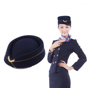 Muts Skull Caps Dames Luchtstewardess Hat Wollen Flight Attendant Cap voor Kostuum Cosplay Muzikale Prestaties Maat M Navy Blue