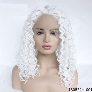 белый вьющийся кружевной парик оптовых-Белый цвет синтетический шнурок передний парик большие курчавые симуляторы человеческие волосы парики дюймов Pelucas