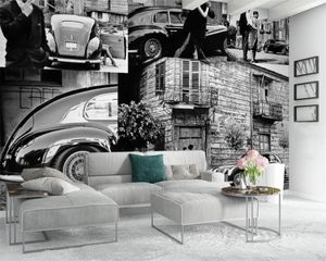 Europese retro d behang zwart en wit landschap auto paar stad straat uitzicht achtergrond muur klassieke d behang