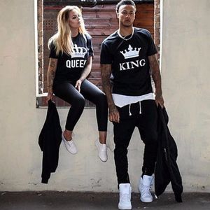 Omsj black T shirt with king and queen casual short sve cotton T shirt couple loose top new in