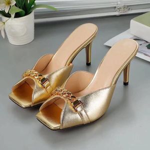 Designer golden fashion high heels ladies summer slippers stiletto leather metal decoration fish mouth open toe women s sandals