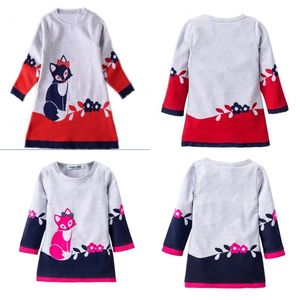 tilki baskısı uzun kollu toptan satış-Uzun Kollu Dantel Elbise Tilki Çiçek Baskı Kızlar Çocuk Etek İlkbahar Sonbahar Çocuk Giyim Düz Tekne Boyun Bezi XB G2