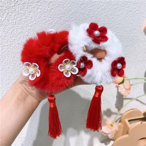 ヘアアクセサリーファッションスウィートガールプリンセスフラワーロープ中国風子供の年のお祝い赤いタッセル豪華なゴムバンドヘッドドレス