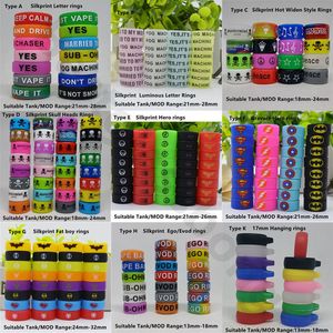 Aangepaste ecig siliconen vape band kleurrijke rubberen ring tas gepersonaliseerde siliconen bands met uw logo of naam voor damp mod tankglas