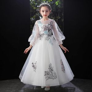 Girl s Dresses Flower Girl Illusion O Neck Luxury White Embroidery Lovely Princess Floor Length Tulle Lace Full Kids Party Gown H257