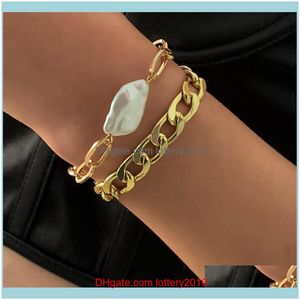 pulsera de cadena de mano de perla al por mayor-Charm Jewelry2 Conjunto de enlace grueso para mujeres Charms de moda Pulsera de perla Cadena de mano Pulseras de joyería Girls Regalo Drop Drop Entrega RCP9i