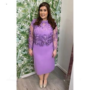 Tea Length Short Mother of the Bride Dresses Lavender Lace Long Sleeve Column Plus Size Wedding Party Formal Evening Prom Gowns for Ladies