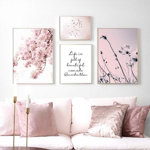 Wholesale cherry blossom wall art painting resale online - Paintings Landscape Prints Pink Cherry Blossom Pictures Scandinavian Posters Nordic Bird Wall Art Canvas Painting Living Room Home Decor