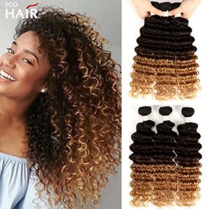 Ombre Deep Wave Human Hair Bundles B Three Tone Remy Blonde Brazilian Curly Weave Bundle