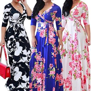 Casual Jurken Empire Taille Jurk Floral Print Maxi Plus Size voor Vrouwen XL XL Sukienka Dompelende halslijn Diepe V hals Robe