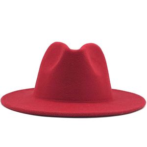 bonnet fedora en laine rouge achat en gros de Unisexe plat de laine à plat feutre Fedora Chapeaux de fedora avec ceinture rouge noir patchwork jazz chapeau de chapeau de chapeau panamique trilby chapeau chapeau pour hommes femmes de haute qualité