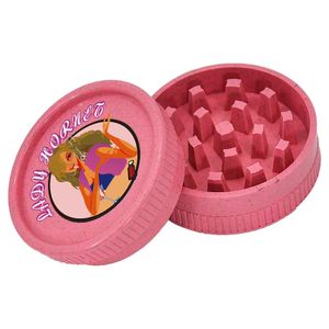 rosa schleifer großhandel-56mm Durchmesser Kräuter Mühle Kunststoff Abbaubare Material Rauchschleifer Rosa Dame Zwei Ebenen Rauchen Set