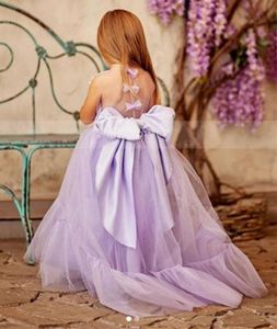 ingrosso abiti ragazza lilla-Abiti da ragazza Lilac Satin Tulle Flower Girl Dress con simpatici archi Child Party Pageant Gown Compleanno principessa