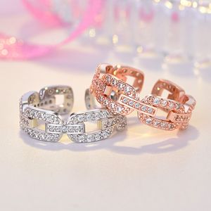 Ihålig kedja form diamant ring band finger rose guld öppna justerbara ringar för kvinnor flickor engagemang bröllop mode smycken kommer och sandiga