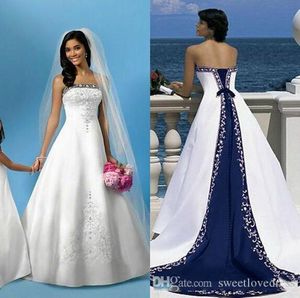 Elegancki Royal Blue and White A Line Suknie ślubne Suknie ślubne z haftem Back Lace Up Custom Made Vestidos de Fiesta