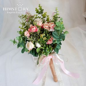 Bröllopsblommor HimStory Bouquet Silk Roses Rosa Vit Blanda Färgblomma Med Gröna Blad Konstgjorda Bröllop Handhållare Tillbehör