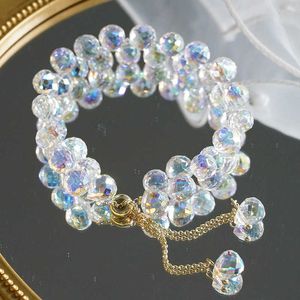 2 Strand Crystal Beaded Bracelet with Slide Clasp Wedding Bridal Formal Aurora Borealis Clear Bead Accessory
