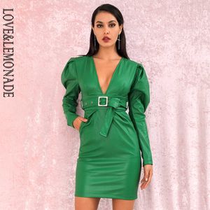 Wholesale green belt dress resale online - Sexy Green Deep V Neck Bubble Shaped Long Sleeved PU Fit Party Dress With Belt LM81969