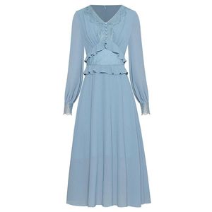 Casual Dresses Solid Color Sky Blue Black Large Size Women s Lace Overlay V neck Long Sleeve Peplum Ruffle Dress Runway