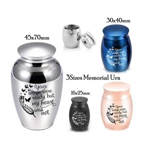 Your Wings Were Ready My Heart Was Not Colors Sizes Metal Human Ashes Urns Pet Keepsake Feather Memorial Jar Holder Y0923