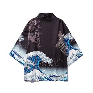 elbiseli balık stili toptan satış-Erkek Ceketler İlkbahar Sonbahar Erkek Streetwear Ceket Ejderha Koi Balık Ince Elbise Japonya Tarzı Kimono Erkekler Harajuku Moda Gevşek Giyim