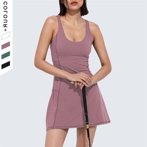 Lulu nude yoga suit women s tennis and pants two piece set anti light badminton fitness skirt with chest cushion1