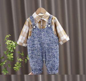 Wholesale baby boys denim sets resale online - Fashion Kids Cotton Clothing Sets T Baby Boys Girls Plaid Shirt Letter Denim Overalls Tops Suspenders Jeans Set