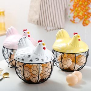 Lagringskorgar kycklingform dekoration järn anti slip ägg hållare korg arrangör fruktbehållare kök hön dekor keramik