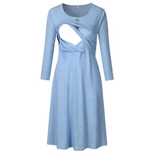 Maternity Klänningar Kvinnor Casual Dress Långärmad O Neck Solid Tryckt Knapp Sjuksköterska för Amning Feeding Pajamas Nightwear