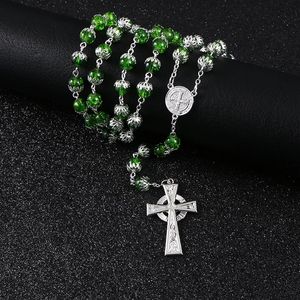 KOMi Vintage Round Green Grass Stone Bead Cross Pendant Necklace Rasary Catholic Long Necklace Jewelry R