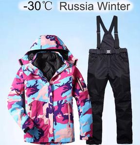 Tjock varm skidåkning kvinnor vattentät vindtät skidåkning och snowboard jacka byxor sätta kvinnliga snö kostymer utomhus i slitage