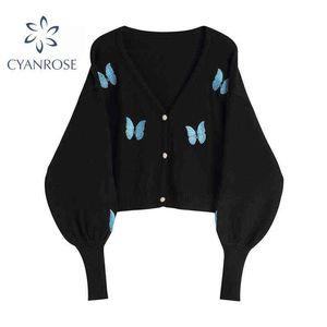 Kobiety Motyl Haft Koreański Sweter Moda Jesień Z Długim Rękawem Płaszcz Przypadkowy Przycisk V Neck Streetwear Topy Y1106