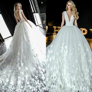 2021 A Line Wedding Dress V Neck Cap Sleeve Romantic Butterfly Appliques Tulle Bridal Gowns With Sheer Buttons Back Dresses