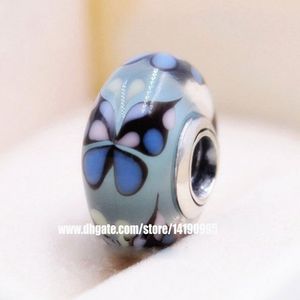 kelebek murano camı toptan satış-2 adet Ayar Gümüş Dişli Vida Mavi Kelebek Kisses Murano Cam Boncuk Fit Pandora Stil Takı Charm Bilezikler