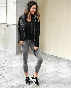 ingrosso giacca a cerniera nera normale-Giacche da donna Plus Size Slim Giacca in pelle a maniche lunghe Casual Sindacale Plain Solid Black Wipper Zipper