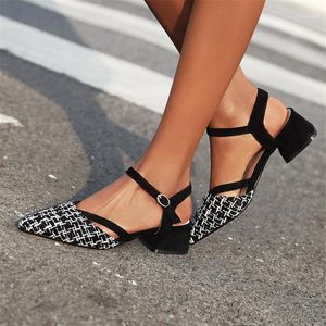 Klänning skor pxelena koreanska chunky block med klackar sandaler kvinnlig sommar pekade tå ankelband kvinnor avslappnad komfort rutig tyg