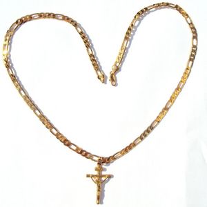 24k Solid Yellow Gold GF mm Italian Figaro Link Chain Necklace quot Womens Mens Jesus Crucifix Cross Pendant