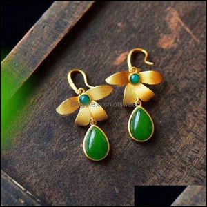 Dangle ljuskrona örhängen smycken antik öron droppe stil vatten droppe retro kinesisk naturlig jade grön kvinna dropp leverans c